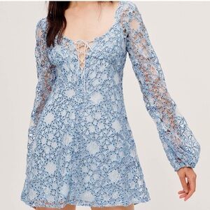 NWT For Love & Lemons S Clara Mini Dress Lace Up Front Sequin Dress Blue Crochet
